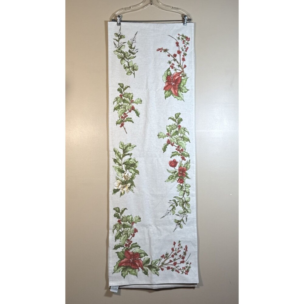 Pottery Barn Christmas Table Runner 18x108 Linen Cotton Poinsettia Holly Holiday